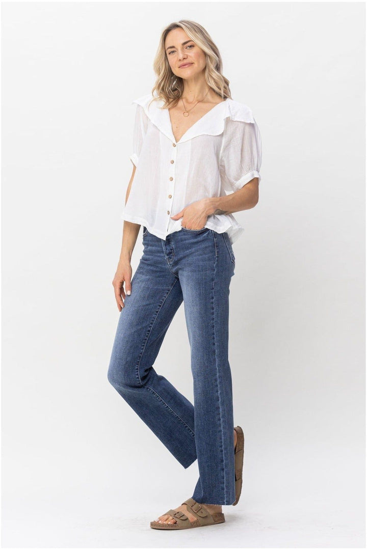 High Waist Hidden Button-Fly Straight Jeans - Vintage Dragonfly