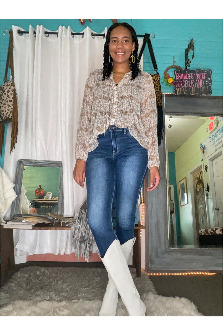 Taupe/Ivory Boho Pattern Top-Tops-Kori America-Vintage Dragonfly-Women’s Fashion Boutique Located in Sumrall, Mississippi