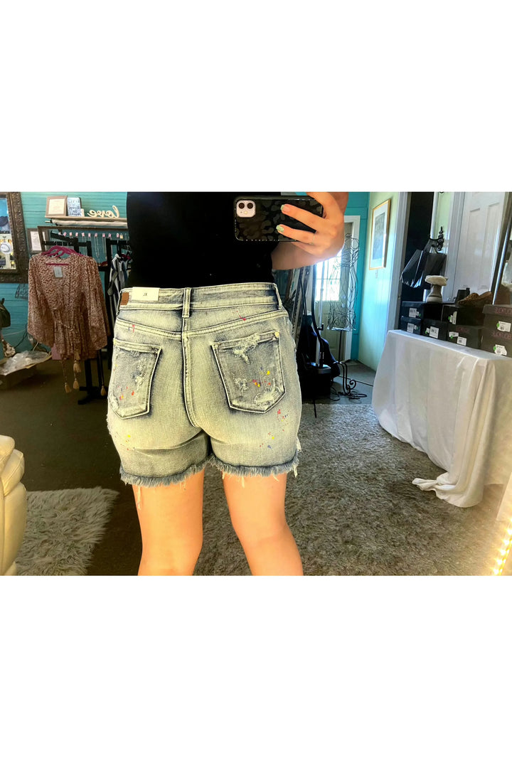 Midrise Rainbow Paint Splash Shorts-Bottoms-Judy Blue-Vintage Dragonfly-Women’s Fashion Boutique Located in Sumrall, Mississippi