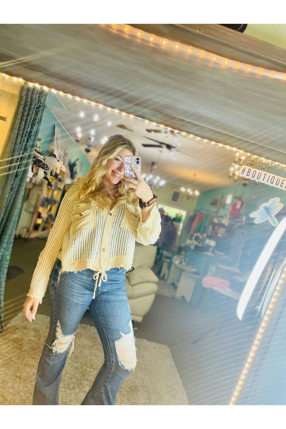 Cream Multicolor Hoodie Top/Jacket - Vintage Dragonfly