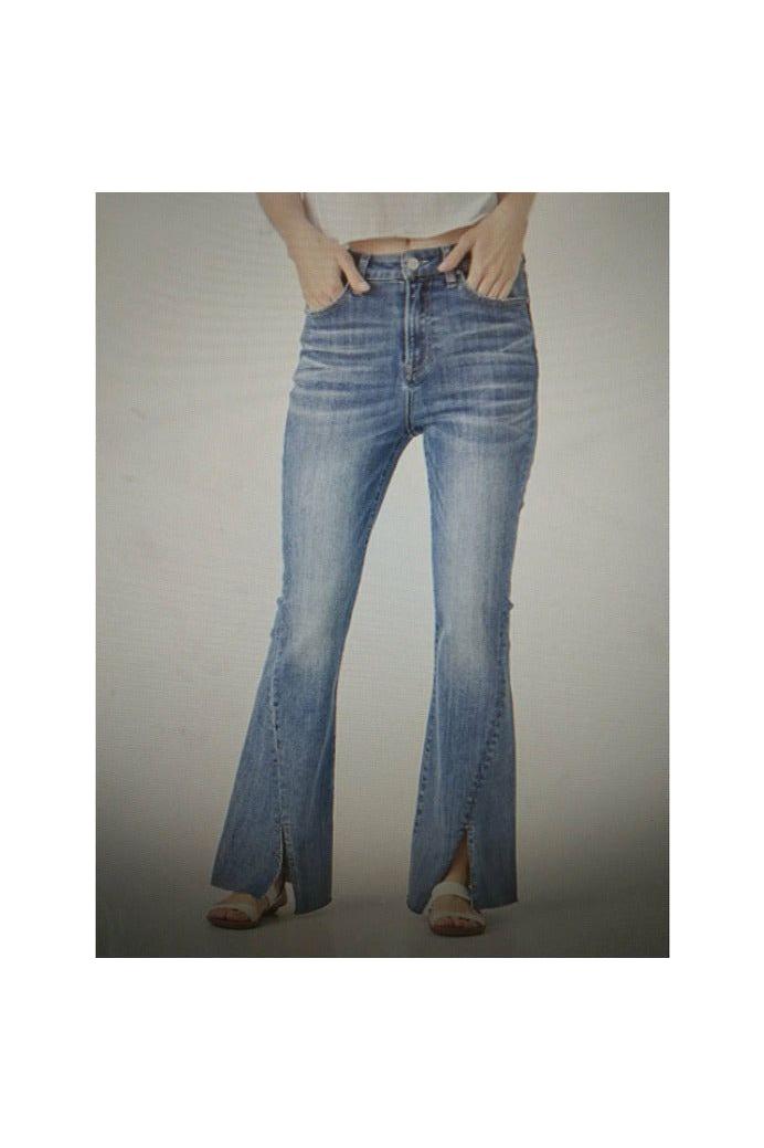 Medium Wash High Rise Twisted Hem Distressed Flare Jeans-Bottoms-Risen-Vintage Dragonfly-Women’s Fashion Boutique Located in Sumrall, Mississippi