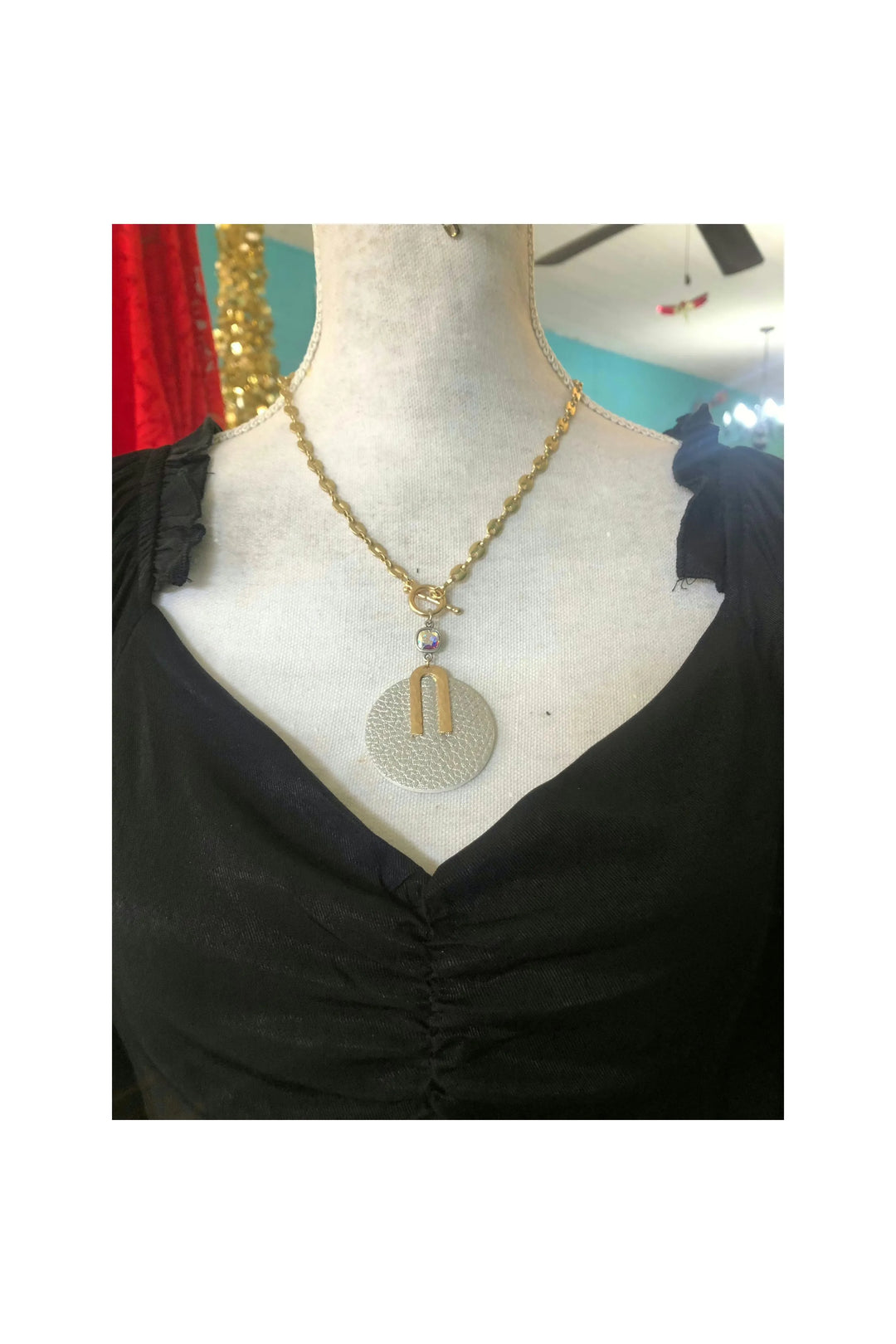 Matte Gold Necklace with Silver leather Pendant with Ab Crystal-Jewelry-Pink Panache-Vintage Dragonfly-Women’s Fashion Boutique Located in Sumrall, Mississippi