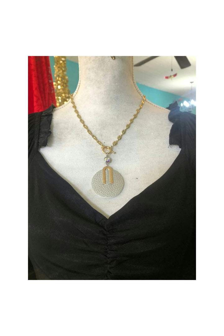 Matte Gold Necklace with Silver leather Pendant with Ab Crystal-Jewelry-Pink Panache-Vintage Dragonfly-Women’s Fashion Boutique Located in Sumrall, Mississippi