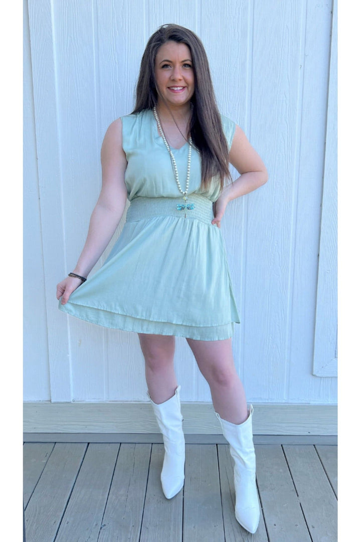 Sage Smocked Waist Dress-Kori America-Vintage Dragonfly-Women’s Fashion Boutique Located in Sumrall, Mississippi
