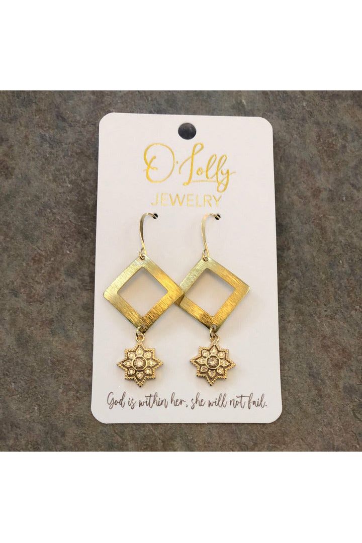 “Vanessa” Gold Square Open Connector W/Flower Stone Dangle Earrings-Jewelry-O’Lolly-Vintage Dragonfly-Women’s Fashion Boutique Located in Sumrall, Mississippi