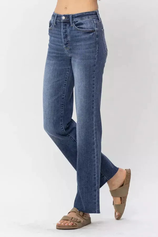 High Waist Hidden Button-Fly Straight Jeans - Vintage Dragonfly