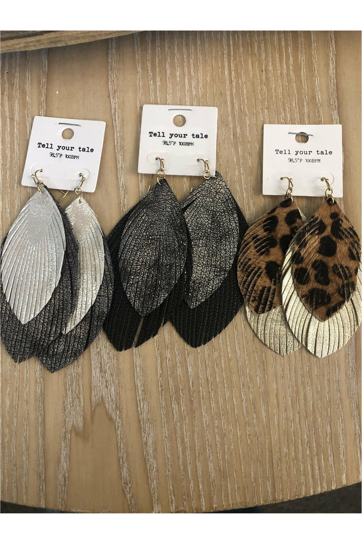 Long Layered Leather Double Feather Earrings-Earrings-Judson-Vintage Dragonfly-Women’s Fashion Boutique Located in Sumrall, Mississippi