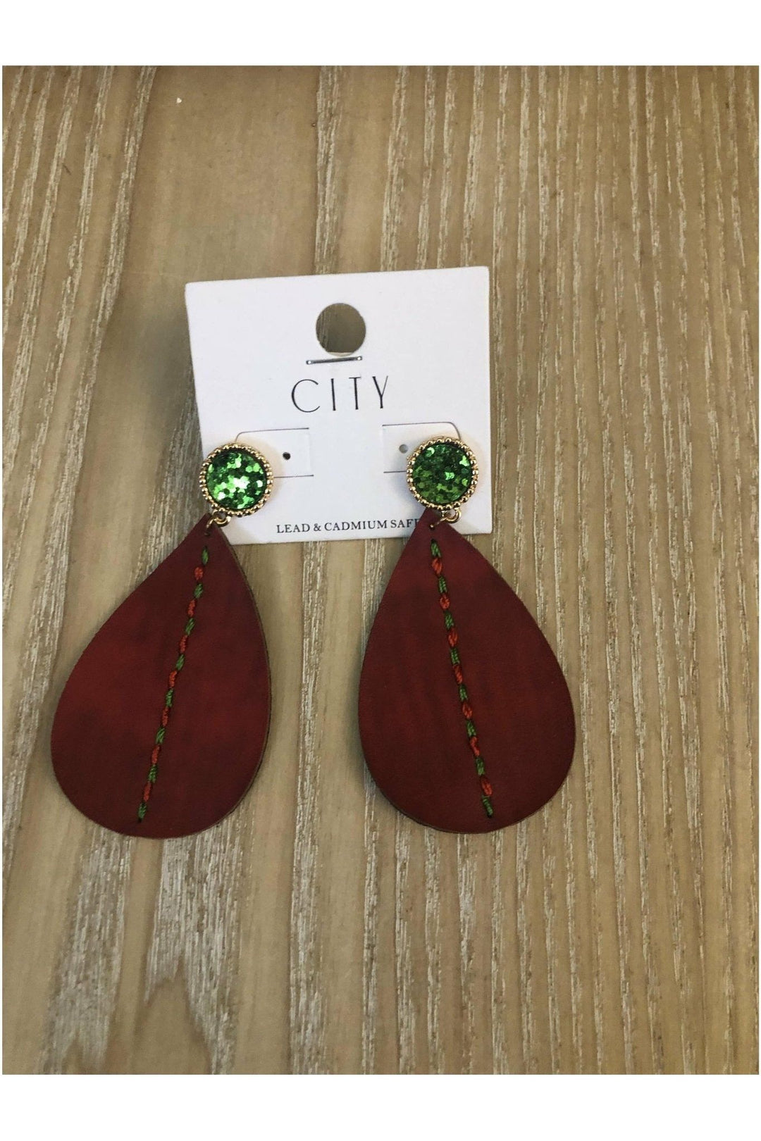 Red Teardrop Earrings with Green Stitching and Stone-Earrings-Judson-Vintage Dragonfly-Women’s Fashion Boutique Located in Sumrall, Mississippi