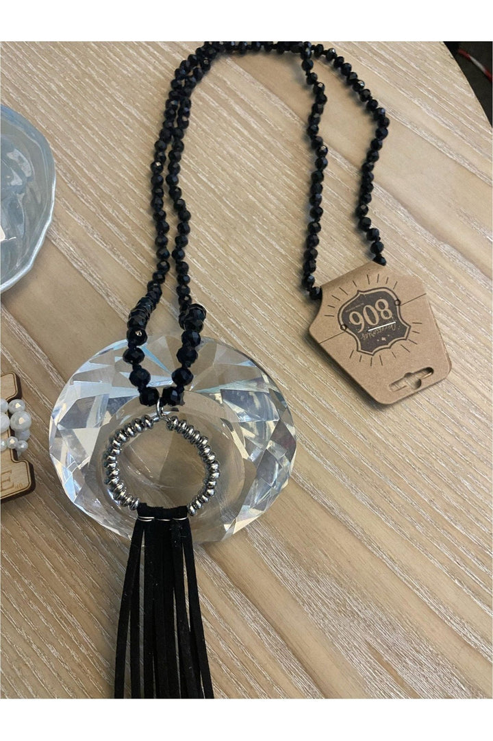 Black Crystal Necklace with Silver Circle and Black Suede Fringe - Vintage Dragonfly Boutique