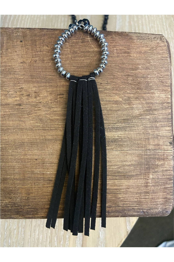 Black Crystal Necklace with Silver Circle and Black Suede Fringe - Vintage Dragonfly Boutique